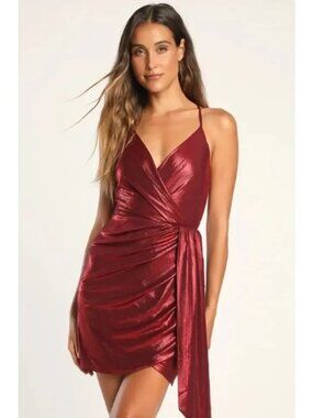 Lulus Dress Womens XL Glamorous Delight Metallic Lurex Tulip Mini Red Surplice